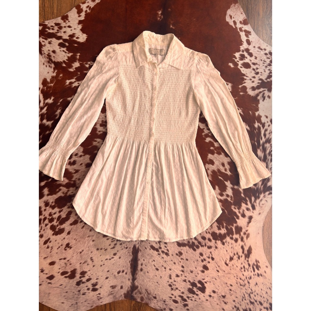 Double D Ranch Yoakum Texas Smocked Swiss Dot Button Down Tunic Top Cream Small